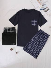 Conjunto de pijama de verano para hombres con parte superior de manga corta y pantalones cortos de estampado a cuadros cómodos