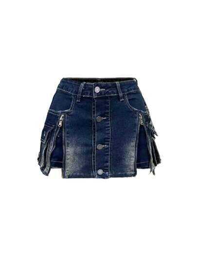 Our Kawaii Y2K Vintage Washed Zip-Up Mini Denim Skirt, Low