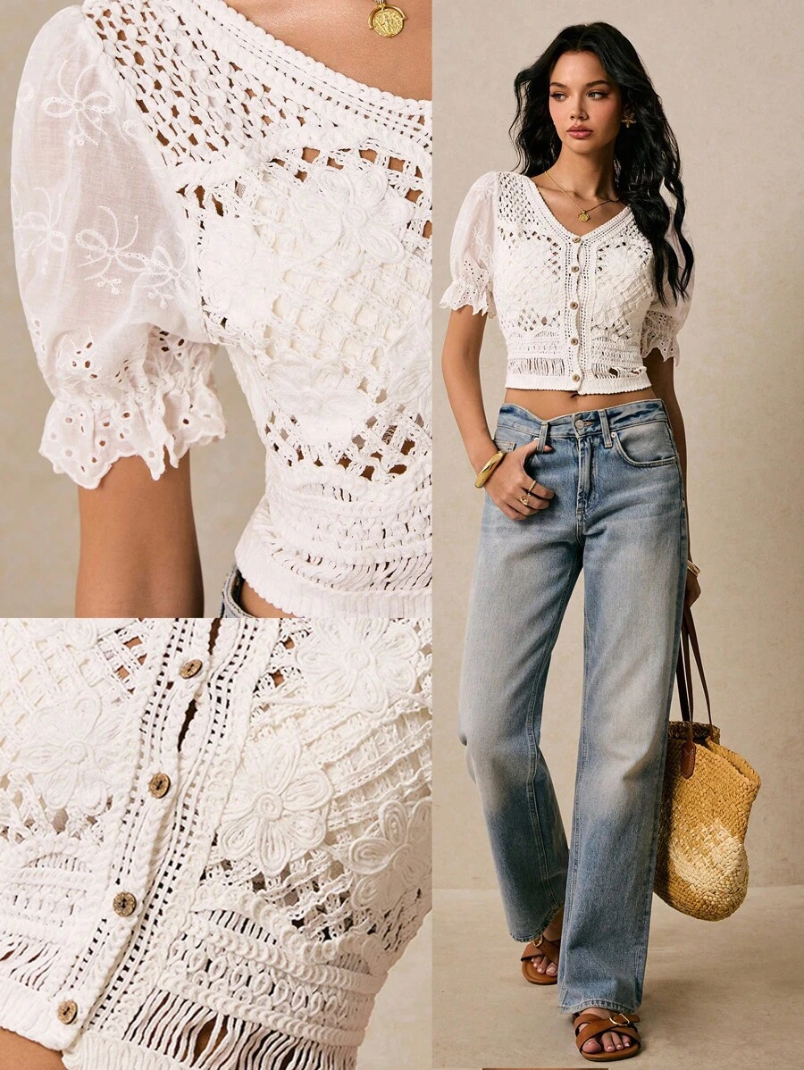 Vintage Hollow Out Crochet Knit Cardigan - White - View 1