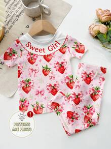 SHEIN Leap Crew 可爱蝴蝶结草莓印花，甜美草莓，甜美女孩，女婴休闲简约贴身圆领短袖裤家居服适合夏季 - 彩色 - 查看 2