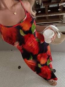 SHEIN MOD Casual Black &Red Floral Minimalist Ruched Waist Flared Hem Sleeveless Dress,Boho,Vacation,Beach - Multicolor - View 4