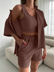 EURMUSE Conjunto feminino de camisola de cor sólida, camisa de manga curta e shorts - Castanho - Ver 1