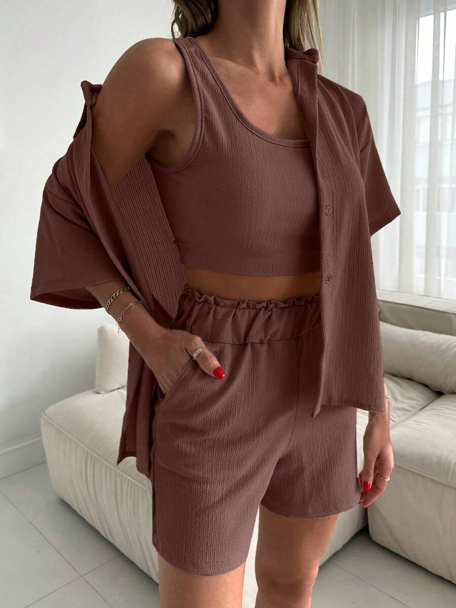 EURMUSE Conjunto feminino de camisola de cor sólida, camisa de manga curta e shorts - Castanho - Ver 1