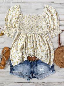 Linhara Blusa de mujer de talla grande con mangas abullonadas, volantes y estampado floral disperso para vacaciones de verano - Amarillo - Ver 1