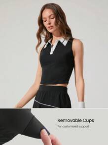 GLOWMODE Quick-Dry Court MVP Colorblock Removable Cups Polo Active Tank Low Impact Tennis Golf Pickleball Daily Casual Wear - Black - View 3