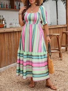 Flirla Plus Size Holiday Floral Print Regular Short Sleeve Dress, Spring/Summer - Green - View 3