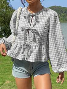 SHEIN EZwear 女式复古现代灰色格子天鹅绒前系带泡泡袖宽松衬衫