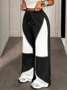 BamGleam 撞色拉链休闲性感宽松抽绳腰运动裤 - 黑與白 - 查看 3