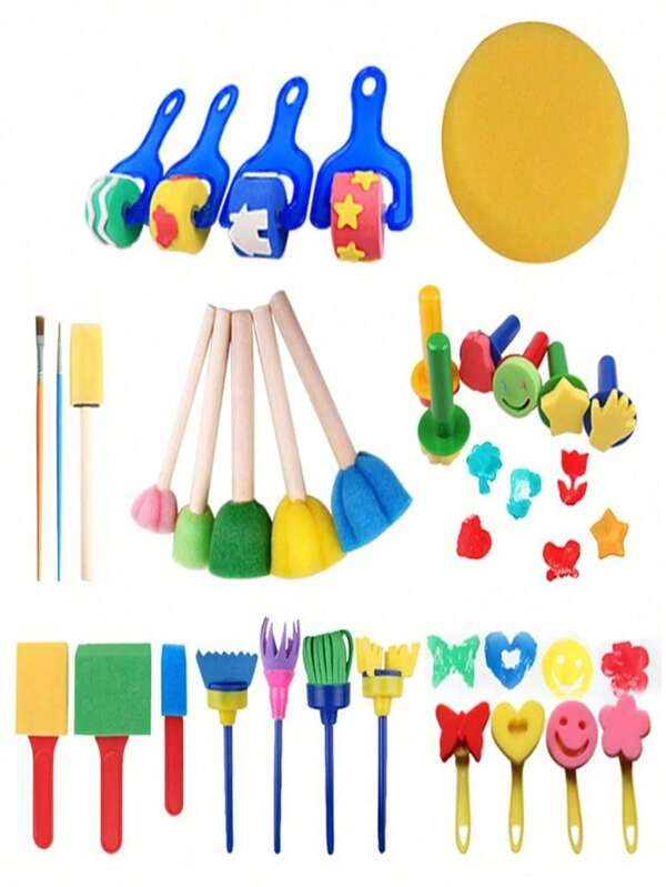 1 Set 30 Stücke Kinder Malschwamm Stempel Set mit Schwammpinsel, Pilzstab, Eva-Roller und anderen Zubehörteilen. Geeignet für DIY Kunst und Handwerk sowie frühe Erziehung. (Zufällige Teile/Farben)