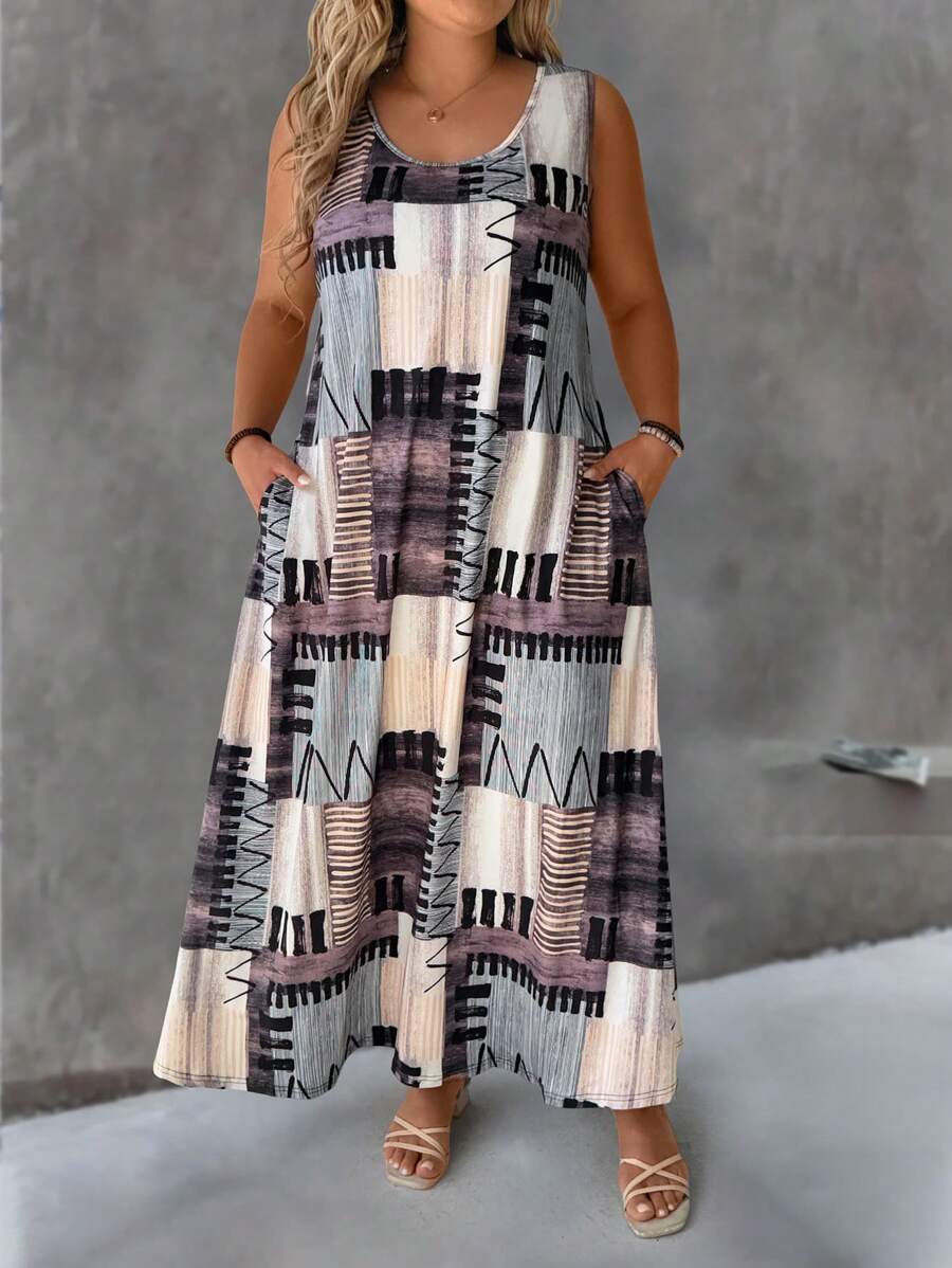 Weeklong Plus Size Round Neck Casual Printed Knitted Dress - Multicolor - View 1