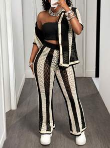 Slaydiva New Summer Casual Sportswear Casual Home Wear Beach Vacation Casual Vacation Simple Style Basic Style Lapel Shirt Collar V-Neck Open Placket Short-Sleeved Woolen Top + Wide-Leg Pants Trousers Black And White Striped Woolen Suit Women's Sweater Two-Piece Suit - Black - View 6