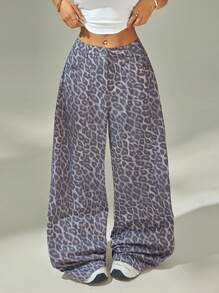 SHEIN Tall Women's Leopard Print Pockets Wide Leg Loose Casual Pants - Brown - View 6