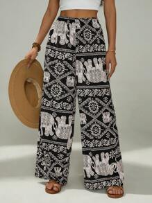 SHEIN PETITE 大象复古印花阔腿裤适合度假和海滩约会 - 黑與白 - 查看 7