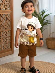 SHEIN Leap Crew 2pcs/Set Young Boy Middle Eastern Casual Stylish Cute Cartoon Sheep Graphic Print Round Neck Short Sleeve T-Shirt & Shorts Set, Suitable For Summer - Multicolor - View 1