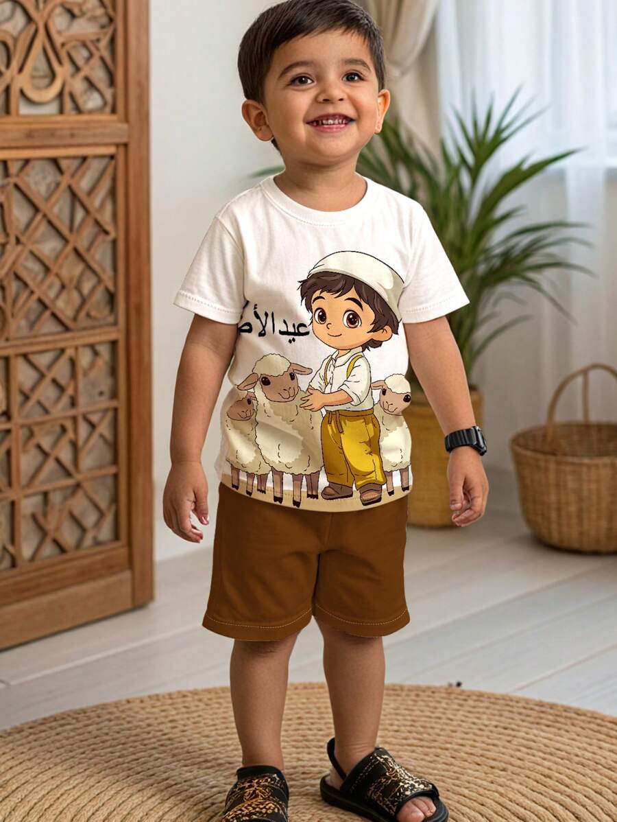 SHEIN Leap Crew 2pcs/Set Young Boy Middle Eastern Casual Stylish Cute Cartoon Sheep Graphic Print Round Neck Short Sleeve T-Shirt & Shorts Set, Suitable For Summer - Multicolor - View 1