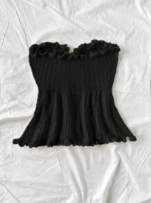 Soleia Casual Ruffled Hem Sleeveless Knit Crop Top, Summer Vacation - Black - View 2