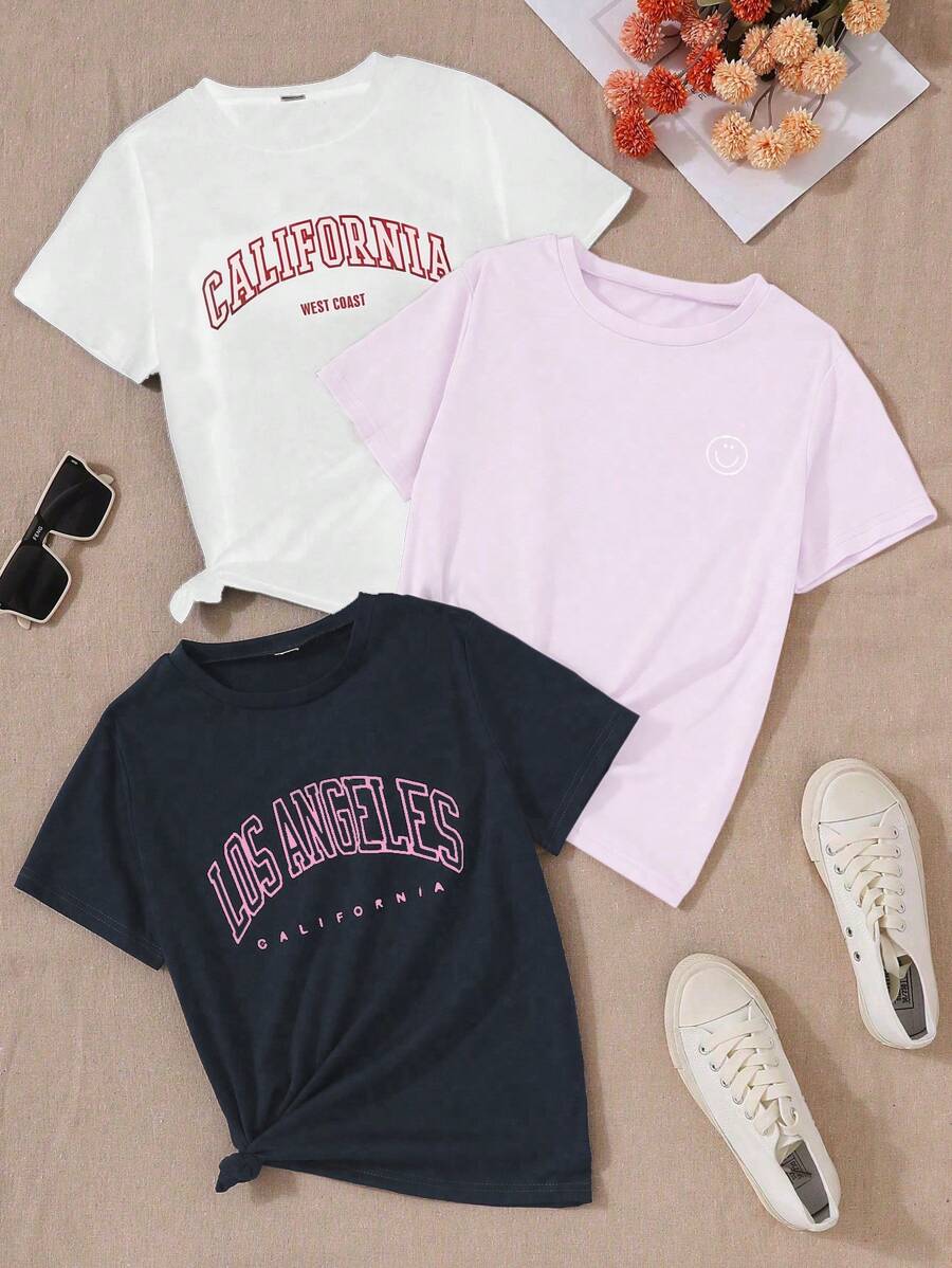 SHEIN Camiseta casual versátil de manga corta y cuello redondo para niñas preadolescentes, verano - Multicolor - Ver 1