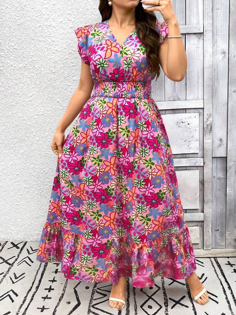 SHEIN LUNE Plus Size Floral Print Shirred Detail Long Vacation Casual Dress Boho Summer Midsummer Day Outfit Graduation Dress Wedding Guest Dress Women Vacation Outfits Woman Beach Outfits For Woman Festival Sundress Birthday Dresses For Women Pride Day - Pink - View 1