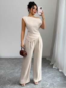 Elenzga Women's Vacation Elegant One Shoulder Sleeveless Asymmetrical Hem Slim Fitted Blouse And Loose Straight Leg Pants 2 Pieces Set, Spring/Summer