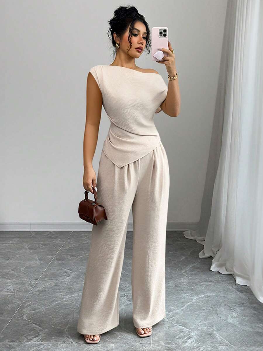 Elenzga Women's Vacation Elegant One Shoulder Sleeveless Asymmetrical Hem Slim Fitted Blouse And Loose Straight Leg Pants 2 Pieces Set, Spring/Summer