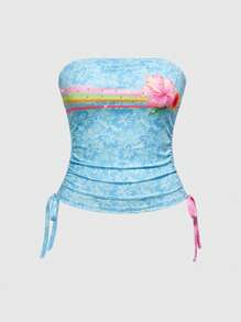 ROMWE Avant 热带芙蓉花水钻装饰女士抹胸 - 淺藍色 - 查看 1