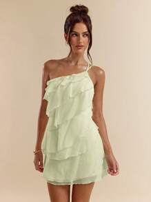 Solid Apricot Mini Dress With Lotus Leaf Overlay Suitable For Daily Dates, Nights Out, Nightclubs, Parties, Meetings, Cocktail Parties, Pool Parties, HAL2 - Mint Green - View 6