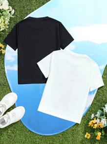 Teletubbies X SHEIN Tween Girl Multi-Pack Cartoon Po & Laa-Laa Print Crew Neck Short Sleeve T-Shirt, Multi-Color - Black and White - View 2