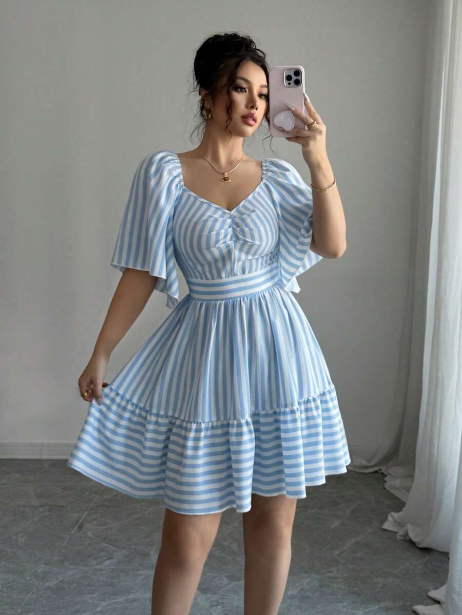 Elenzga 最新款蓝白条纹短袖优雅休闲修腰中长连衣裙，适合女士，春夏 - 藍色 - 查看 1