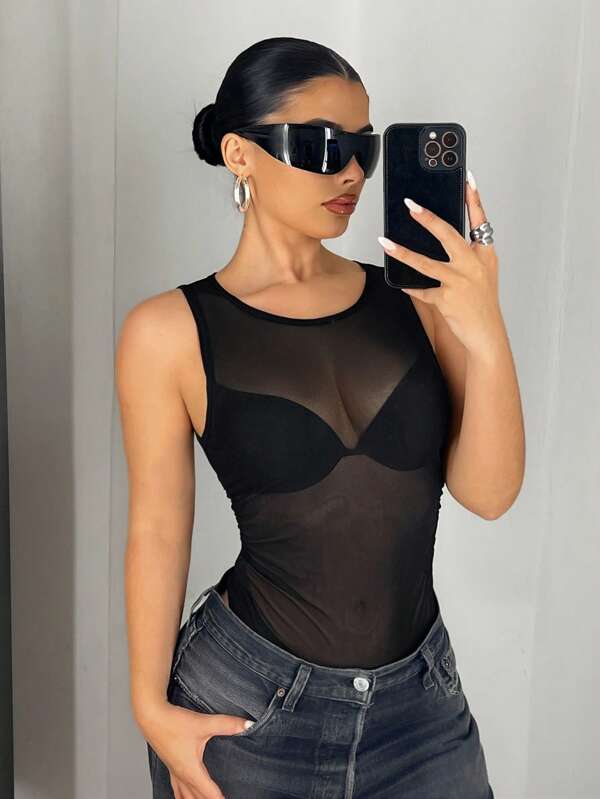 SHEIN ICON Women's Mesh Sheer Ruched Waistline Bodysuit