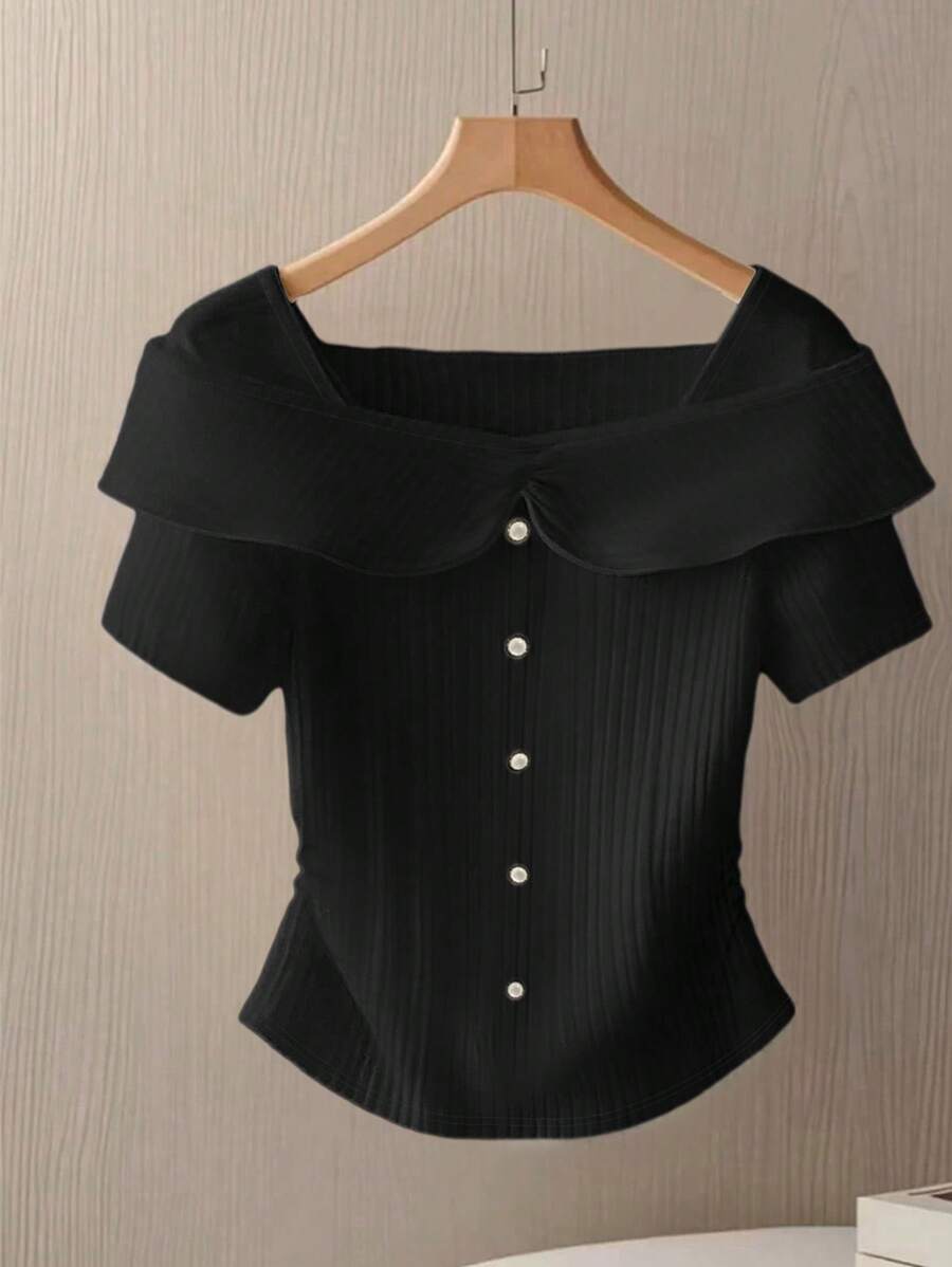 GlowEve Knitted Striped Texture Patchwork Button Decor Luxurious French Elegant White Women Short Sleeve Top For Summer - Black - View 1