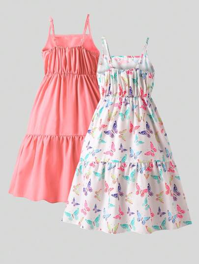 Genkimix Kids 2 pièces/Ensemble Robe violette unie avec imprimé papillon coloré pour jeunes filles