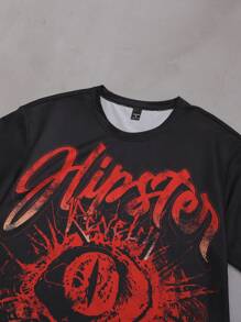 Manfinity EMRG Men's Summer Casual Letter & Eye Print Round Neck Short Sleeve T-Shirt - Black - View 2