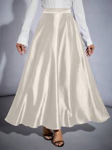 SHEIN Tall 高腰纯色喇叭派对女式超大下摆半身裙 - 米色 - 查看 5