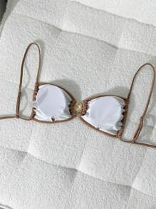 SHEIN Swim Women's Plain Ribbed Bandeau Bikini Top With Metal Decor, Beach Swimwear - Coffee Brown - View 2