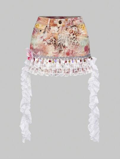 Fairycore Gonna in denim a vita alta stile vintage da vacanza con stampa floreale, decorata con pizzo a tema tropicale