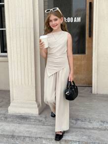 SHEIN 青少年女孩休闲单肩束腰不对称修身上衣搭配宽松舒适阔腿裤 2 件套，母子装 - 米色 - 查看 1