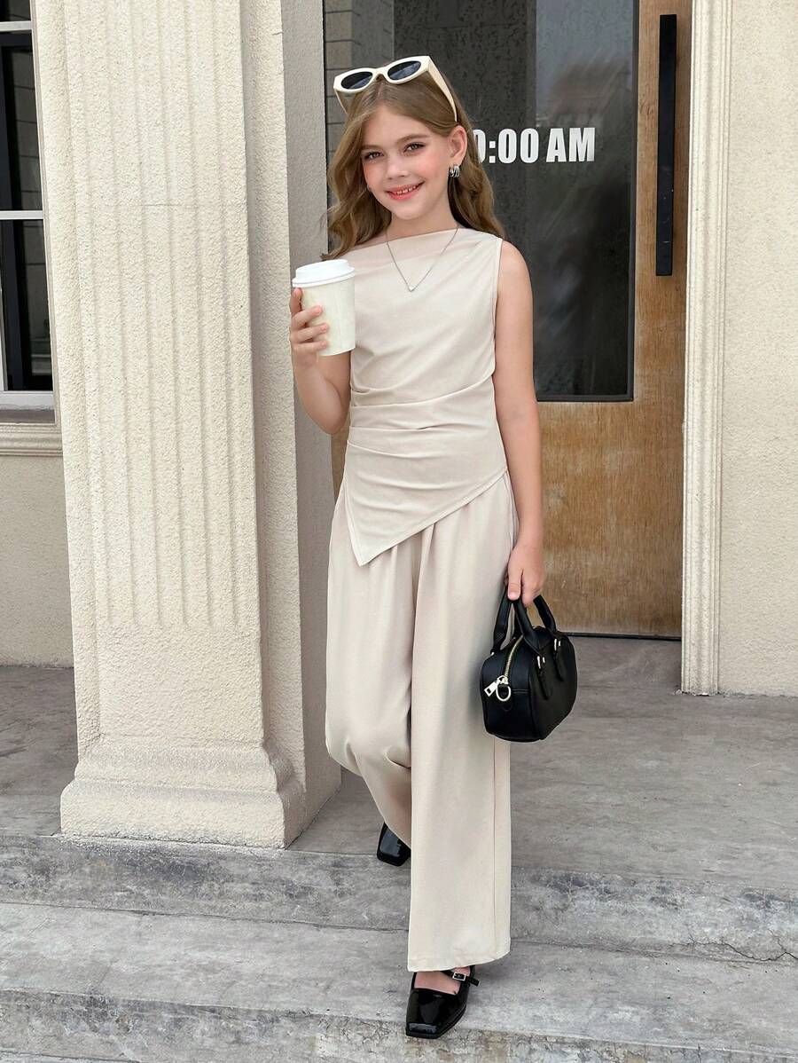 SHEIN 青少年女孩休闲单肩束腰不对称修身上衣搭配宽松舒适阔腿裤 2 件套，母子装 - 米色 - 查看 1