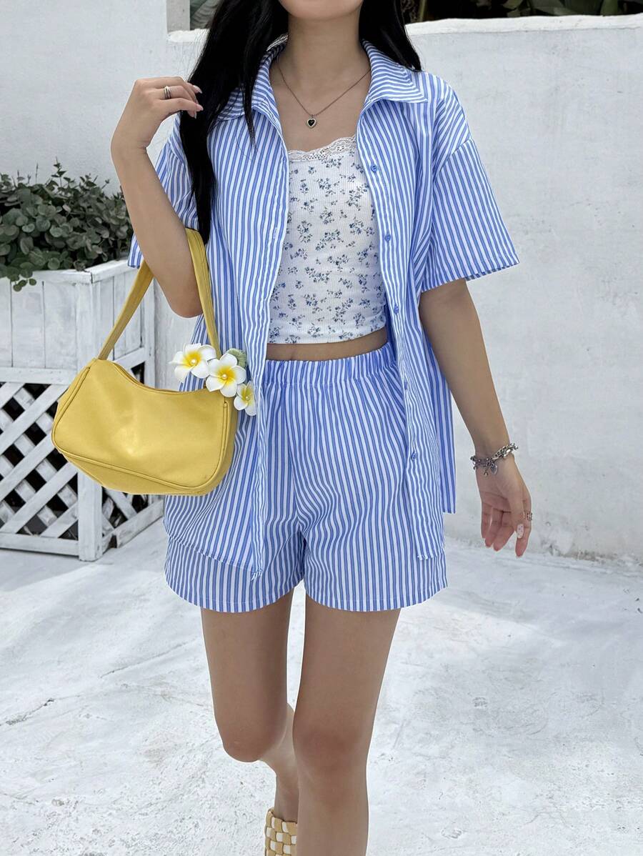 2 Stücke/Set Lose lässige minimalistisch bequeme Polokragen Kurzarm Bluse und Shorts Set für Teenie Mädchen