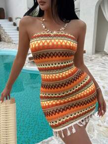Sunnyshic Vestido fruncido con diseño sin tirantes, cintura entallada y dobladillo con flecos en un estilo patchwork de colores, con aire sexy y de europea y americana para vacaciones