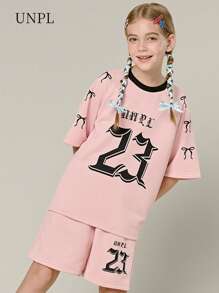 SHEIN Tween Girl 2pcs/Set Contrast Color Letter & Bow Print Short Sleeve T-Shirt And Shorts - Pink - View 9