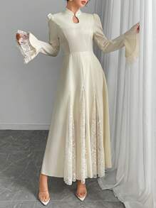 Modelyn Jupe évasée à taille nouée en tissu mélangé élégant avec boutons en forme de champignon pour femmes