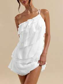 Solid Apricot Mini Dress With Lotus Leaf Overlay Suitable For Daily Dates, Nights Out, Nightclubs, Parties, Meetings, Cocktail Parties, Pool Parties, HAL2 - Blanco - View 5