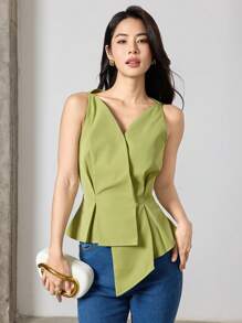 Heiryn Women's V-Neck Solid Color Sleeveless Shirt With Asymmetric Hem For Summer, Elegant Design, Sleeveless Tops