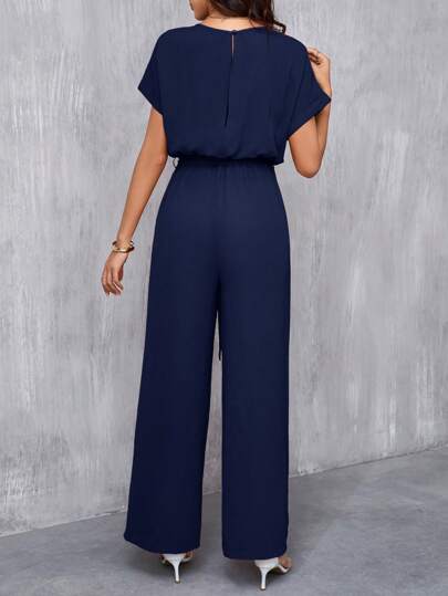 SHEIN Clasi Women's Elegant Round Neck Belted Wide Leg Jumpsuit Navy Blue