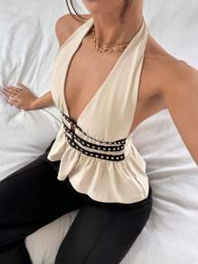 Siren Gaze Nuevo top de verano para mujer con diseño de escote halter y remaches - Albaricoque - Ver 3