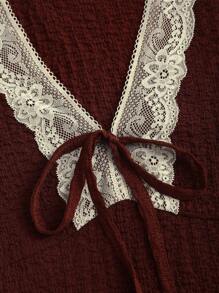 Sweetra 复古纹理褶皱 V 领修身短袖系带 T 恤，夏季 - 棕色 - 查看 6