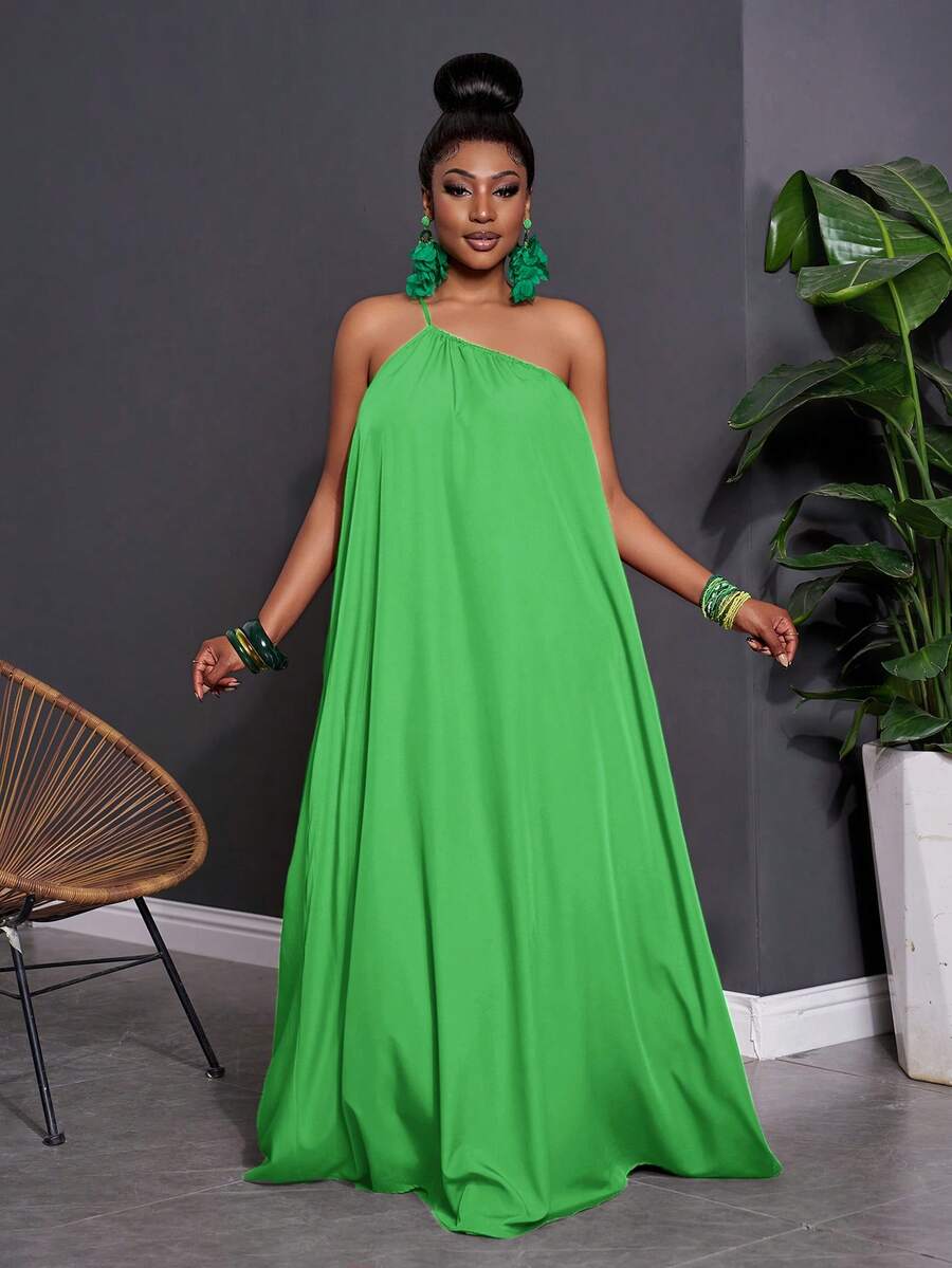 Slaydiva Đầm maxi lệch vai màu đỏ gỉ sét dáng rộng cỡ lớn, phong cách thường ngày/nghỉ dưỡng, đầm maxi lệch vai mùa xuân/hè, đầm maxi lệch vai màu xanh lá cây, đầm maxi cỡ lớn. - màu xanh lá - Xem 1