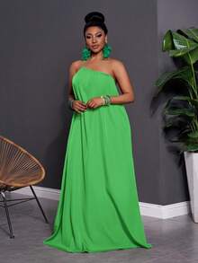 Slaydiva Đầm maxi lệch vai màu đỏ gỉ sét dáng rộng cỡ lớn, phong cách thường ngày/nghỉ dưỡng, đầm maxi lệch vai mùa xuân/hè, đầm maxi lệch vai màu xanh lá cây, đầm maxi cỡ lớn. - màu xanh lá - Xem 7