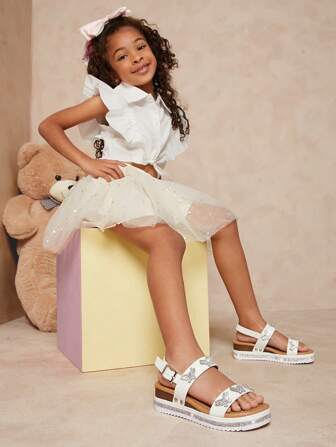 Mini mi Sandálias de Plataforma Branca de Couro Vegano com Aplicações de Borboletas de Strass Celestiais, Aprovadas para Photoshoot à Beira-Mar - Meninas Prontas para Serem Princesas