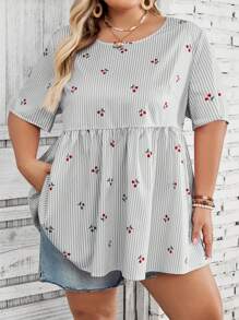 SHEIN CURVE+ Plus Size Women's Loose Cherry Graphic Print Striped Shirt For Beach Vacation Boho Vacationbeach Outfits For Woman/Beach Dress/Beach Vacation Outfits/Beach Essentials / Graduation/Tea Party Dresssummer/Country/Beach Vacation Outfits/Beach Outfits/Beach Wear